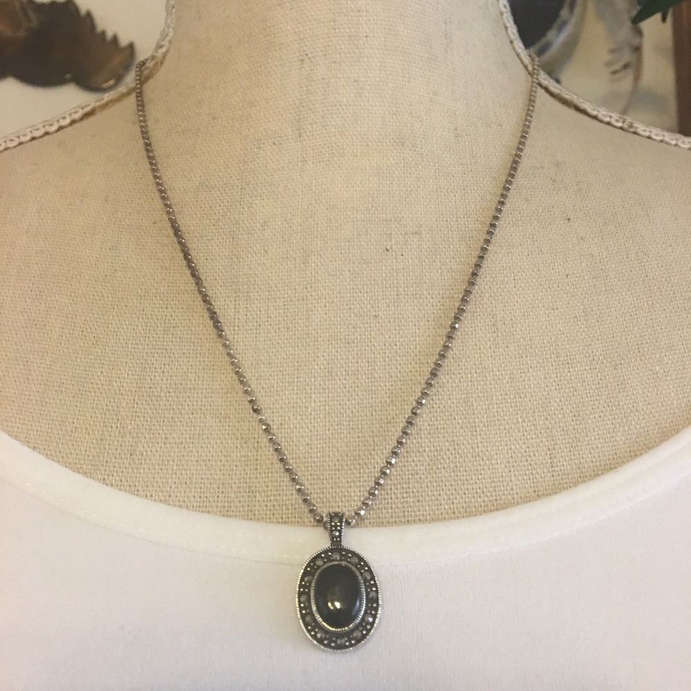 Vintage 80s black onyx marcasite pendant on chain
